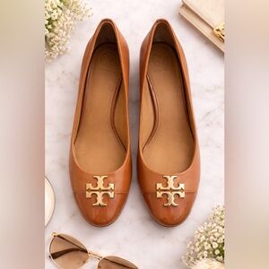 Tory Burch Chestnut Leather Logo Cap-Toe Ballet Flats